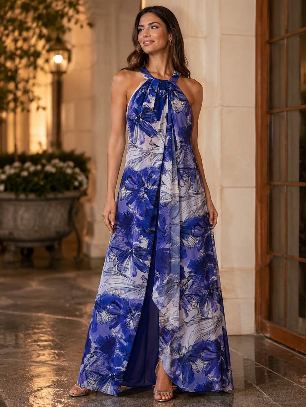 Mark & James Badgley Mischka Blue Floral Maxi Dress Sz 4 Halter Slit Cottagecore